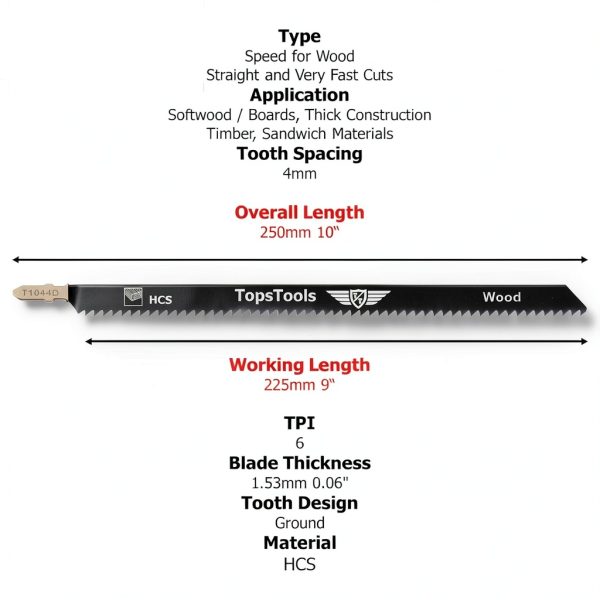 TopsTools Jigsaw Blades 5-Pack T1044D 250mm – Long Clean Straight Cuts-2