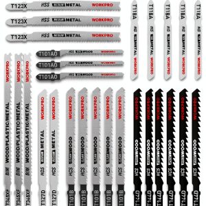 WORKPRO 25-Piece T-Shank Jig Saw Blade Set with Storage Case, Made with HCS/HSS/BIM, Assorted Blades for Wood, Plastic and Metal Cutting-0