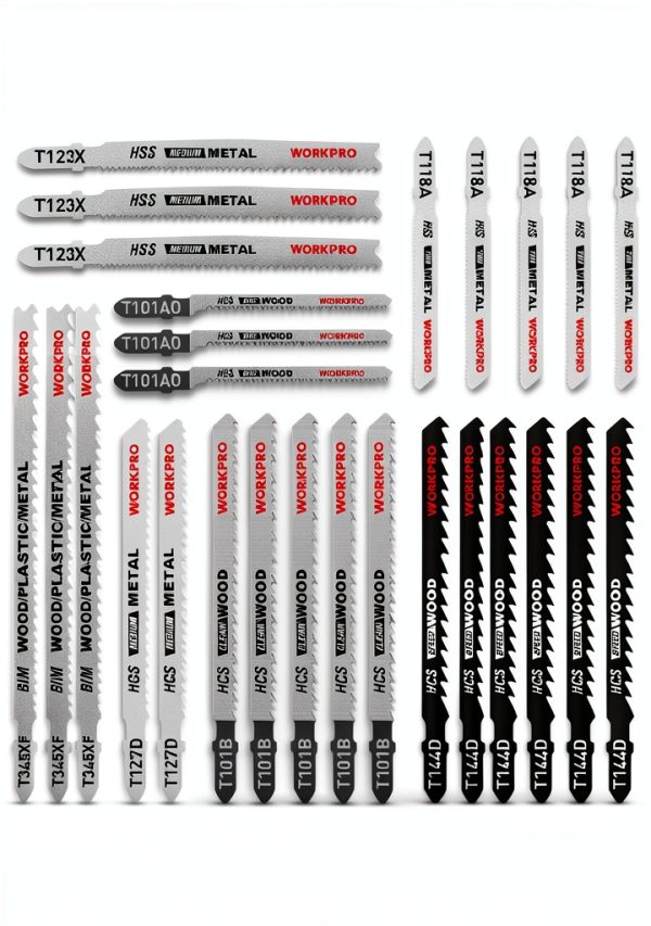 WORKPRO 25-Piece T-Shank Jig Saw Blade Set with Storage Case, Made with HCS/HSS/BIM, Assorted Blades for Wood, Plastic and Metal Cutting-0